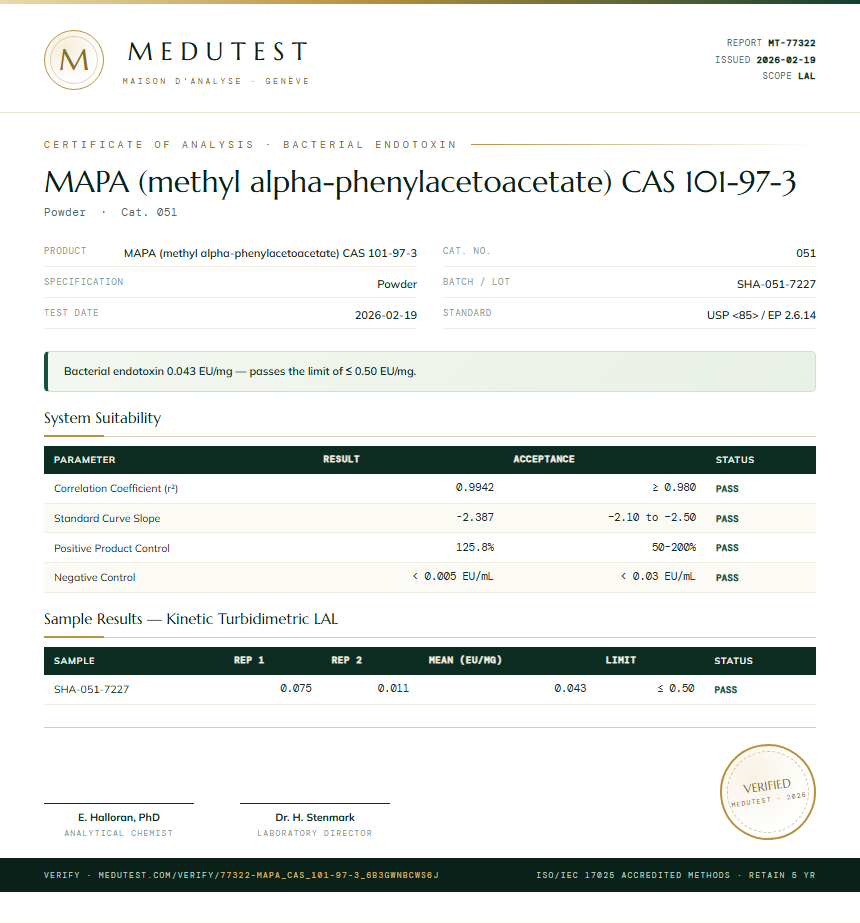 MAPA (methyl alpha-phenylacetoacetate) CAS 101-97-3 Endotoxin report by Medutest